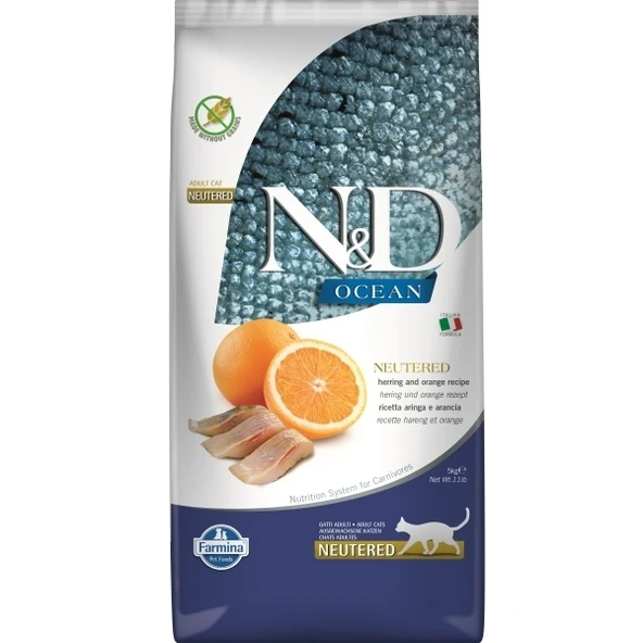 N&D Ocean Ringa Balıklı ve Portakallı Tahılsız Kısırlaştırılmış Kedi Maması 5 Kg ürün görseli 1