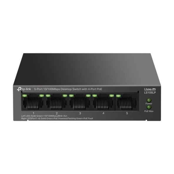 TP-Link LS105LP 5-Port 10/100Mbps 4 Port PoE 41W Güç 250m PoE Mesafesi Metal Kasa Masaüstü Switch ürün görseli 1