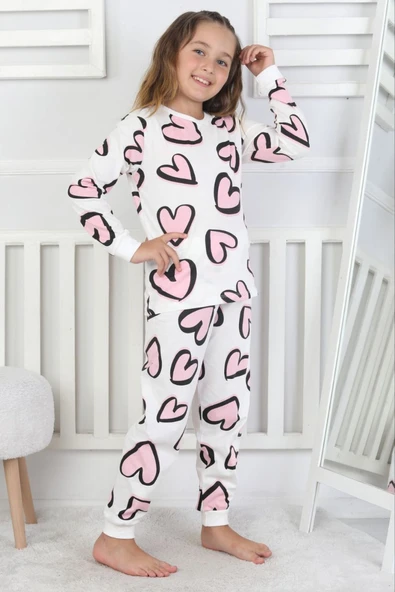 Kalp Desenli %100 Pamuk Kız Çocuk Pijama Takımı ürün görseli 1