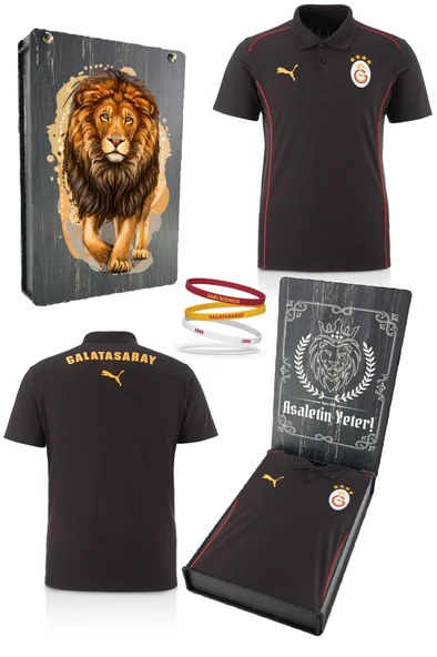 Galatasaray Orijinal Lisanslı Polo Yaka Siyah Antrenman T-Shirt + Bileklik Set Hediyelik Ahşap Kutulu ürün görseli 1