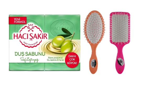 Hacı Şakir Zeytinyağı Gliserinli Saf Duş Sabunu 4X125 gr Saç Fön Oval Saç Fırçası Tarak 1 + 1 Adet ürün görseli 1