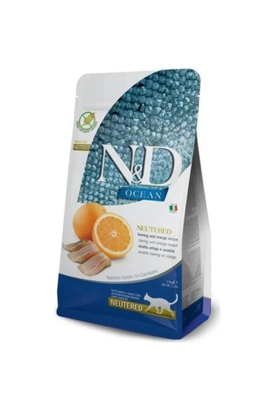N&D Ocean Ringa Balığı & Portakal Kısırlaştırılmış Yetişkin Kedi Maması, 1,5 Kg ürün görseli 1