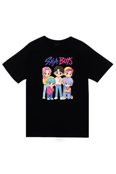 fame-stoned K-Pop Demon Hunters – Saja Boys Baby Saja Baskılı Unisex %100 Pamuk Siyah T-shirt ürün görseli 1