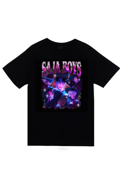 fame-stoned K-Pop Demon Hunters – Saja Boys Baskılı Unisex %100 Pamuk Siyah T-shirt ürün görseli 1