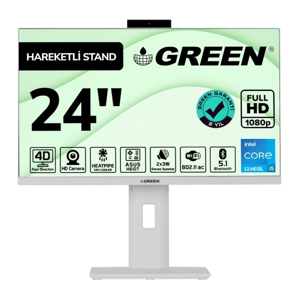 GREEN GT24 Intel Core i5 12400 İşlemci 16GB DDR4 Ram 512Gb M2 Ssd 24" Fhd Freedos Beyaz All In One Bilgisayar ürün görseli 1