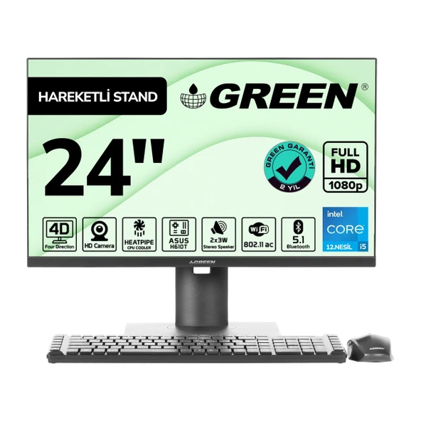 GREEN GT24 Intel Core i5 12400 İşlemci 16GB DDR4 Ram 512Gb M2 Ssd 24" Fhd Freedos Siyah All In One Bilgisayar ürün görseli 1