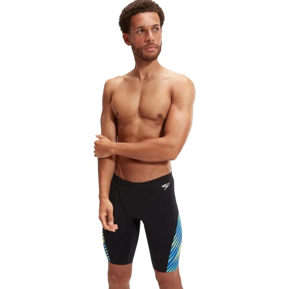 Speedo Allover Digital V-Cut Jam-mer Erkek Yüzücü Mayosu Siyah-Mavi ürün görseli 1