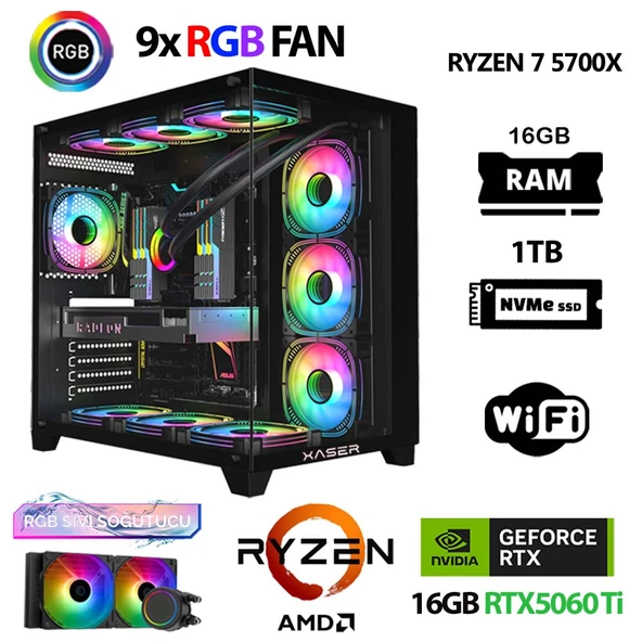 Xaser SovaX30 Ryzen 7 5700x 16GB Ram 1TB M.2 NVMe SSD 16GB RTX5060Ti Sıvı Soğutmalı Oyuncu Tavsiye Sistem ürün görseli 1