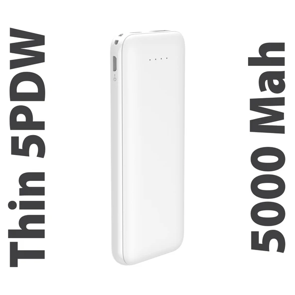 Thin 5B Slim Ultra ince 5000mAh Powerbank Taşınabilir Şarj Cijhazı Type-C / USB / Total Output 2.1A max Beyaz ürün görseli 1