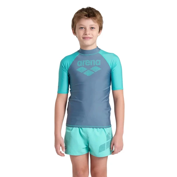 Arena Rash Vest L/S Graphic Erkek Çocuk Yüzücü Tişörtü Gri-Turkuaz ürün görseli 1