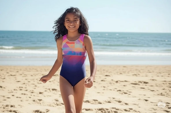Speedo Digital Baskı Splashback Kız Çocuk Yüzücü Mayosu Lacivert-Pembe ürün görseli 1
