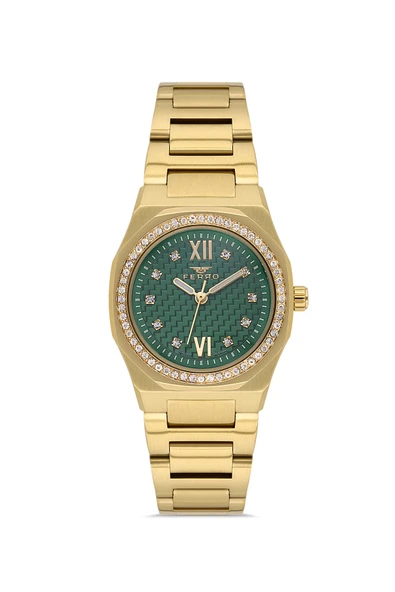 Ferro FL21616AWT-B6 Quartz Çelik Altın Rengi Yeşil Kadran 27 mm Kadın Kol Saati ürün görseli 1