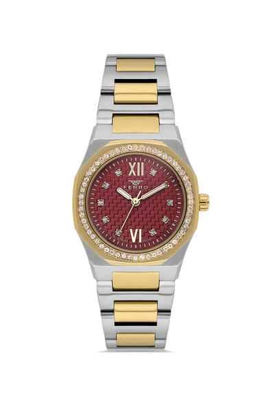 Ferro FL21616AWT-D8 Quartz Çelik Altın Gri Kırmızı 27 mm Kadın Kol Saati ürün görseli 1