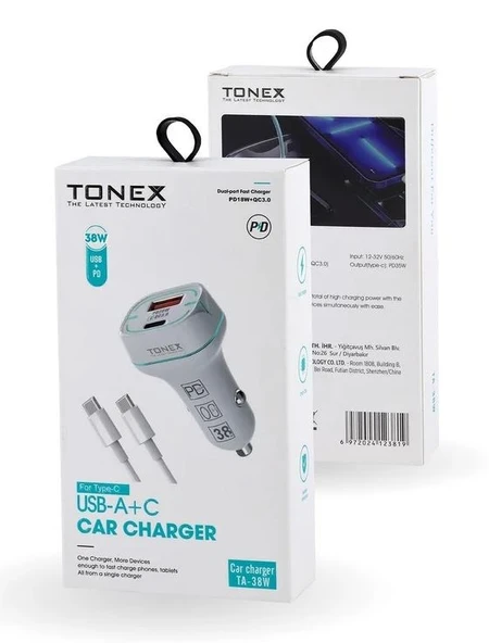 Tonex TA-38W  2 Girişli Type-C To Type-C Kablolu Araç Şarjı Işıklı - 5 ADET ürün görseli 1