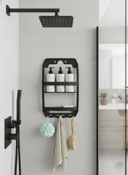 Siyah, 3 Katlı Banyo Duş Rafı - Askılıklı Banyo Organizeri - Delmeden Montaj ürün görseli 1