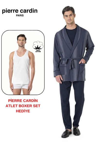 Pierre Cardin Premium Erkek 3'lü %100 Pamuklu Uzun Kollu Pijama Takım Çizgili Robdöşambırlı Damat Çeyiz Seti Atlet Boxer Hediyeli ürün görseli 1