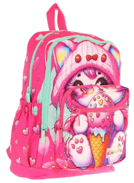 Kaukko Dört Bölmeli (Kız Çocuk - Pembe - Dondurma Yiyen Kedi) - İlkokul Okul Sırt Çantası - L5250 ürün görseli 1
