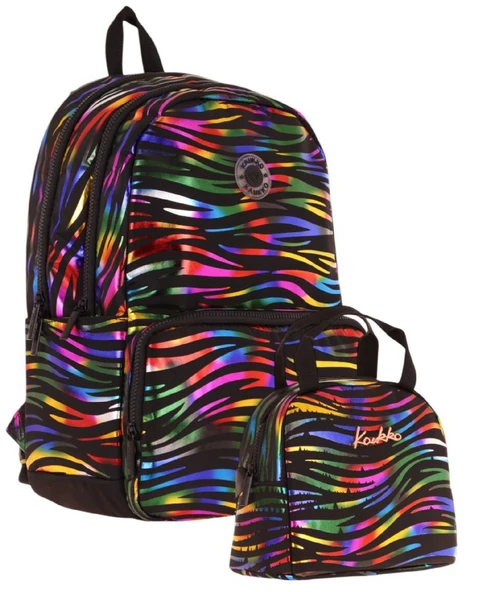 Kaukko Shine Zebra Desenli Siyah Çok Renkli Kız Çocuk Okul Sırt Çantası ve Beslenme Çantası Seti ürün görseli 1