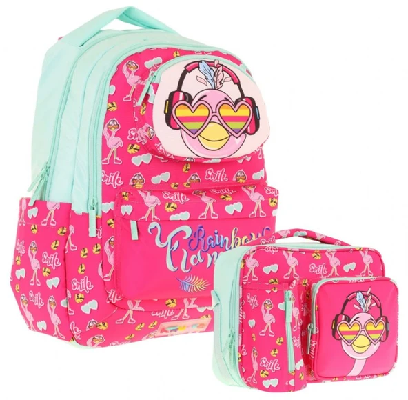 Kaukko Kız Çocuk 3D Flamingo Şekilli Kırmızı Yeşil Okul Sırt Çantası ve Isı Yalıtımlı Beslenme Çantası Seti ürün görseli 1