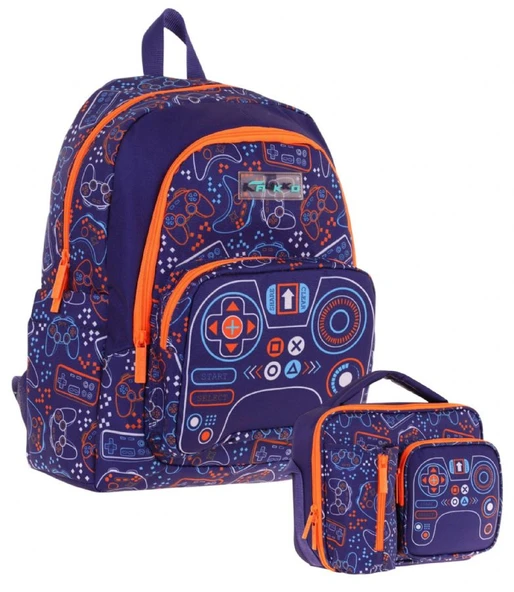 Kaukko Kids Oyun Temalı Erkek Çocuk Lacivert Turuncu Okul Çantası ve Beslenme Çanta Takımı ürün görseli 1