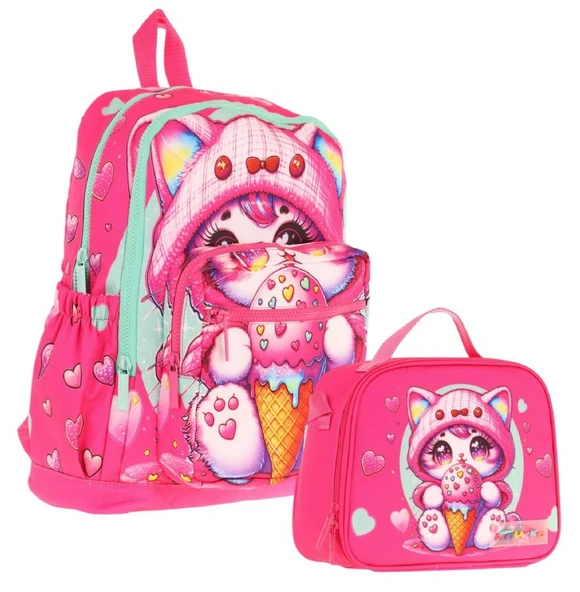 Kaukko Dondurma Yiyen Kedi Baskılı Kız Çocuk Okul Çantası ve Thermo Beslenme Çantası Seti - Pembe (L5250+L7250) ürün görseli 1