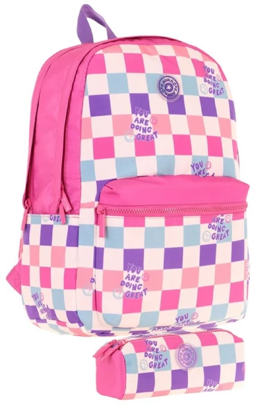 Kaukko Nature Dama Desenli Pembe Kız Çocuk Okul Çantası ve Kalemlik Okul Seti ürün görseli 1