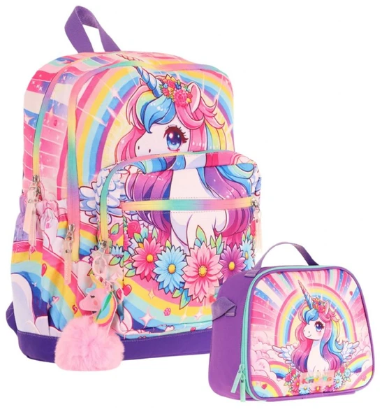 Kaukko Unicorn Baskılı Kız Çocuk Okul Çantası ve Thermo Beslenme Çantası Seti - Pembe Mor (L5249+L7249) ürün görseli 1