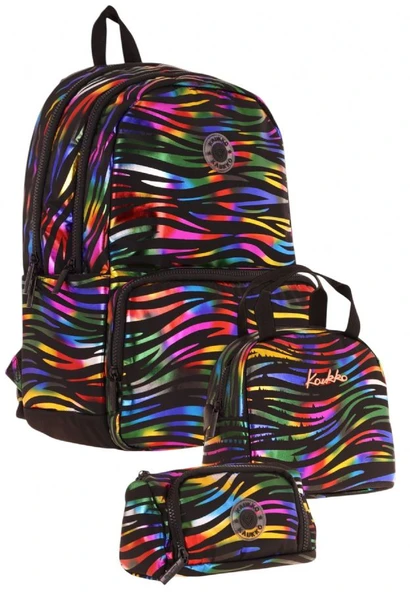Kaukko Shine Siyah Çok Renkli Zebra Desenli Kız Çocuk Üçlü Okul Çanta Seti ürün görseli 1