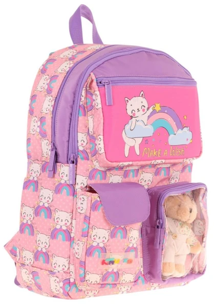 Kaukko Kız Çocuk Peluş Kedili İlkokul Okul Sırt Çantası - Pembe Mor - L5241 ürün görseli 1