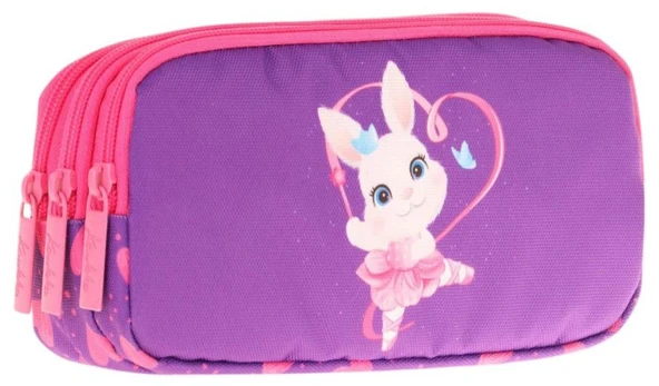 Kaukko Kids Fuşya Mor, Kalpli Tavşan, Kız Çocuk Üç Gözlü Okul Kalem Çantası - L8246 ürün görseli 1