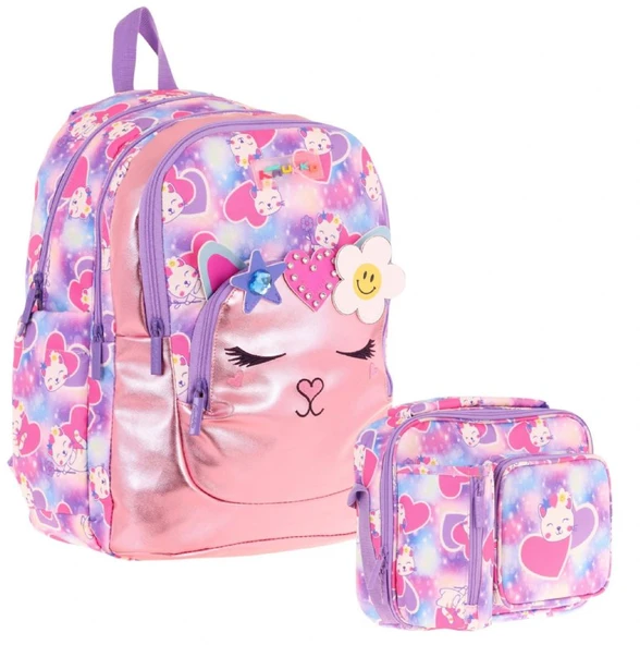 Kaukko Kids Okul ve Beslenme Çantası Seti (Kız Çocuk) - Kedi Şekilli Pembe Mor - (L5219+L7219) ürün görseli 1