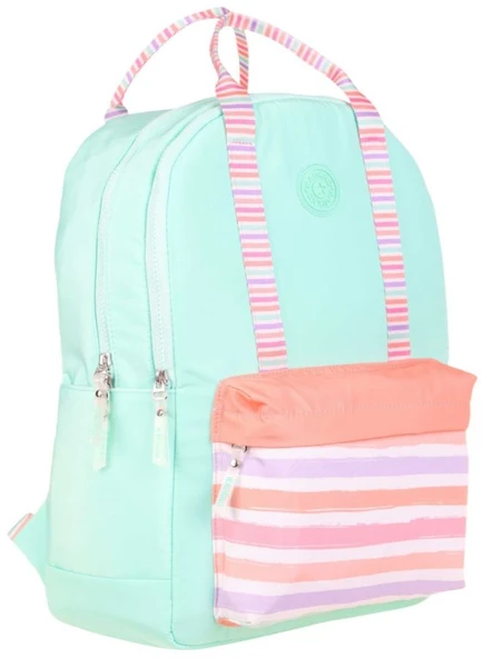 Kaukko K1767 Kız Çocuk/Kadın (Su Yeşili Pembe - Çizgi Desenli) Okul ve Günlük Sırt Çantası ürün görseli 1