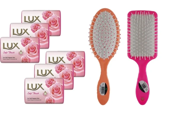 LUX Sabun 80GR Soft Touch 6 Adet Saç Fön Fırçası Renkli Oval Saç Fırçası Tarak 1+1 Adet ürün görseli 1