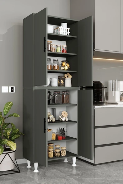 AEKA Ae-2086 Bala Antrasit Çok Amaçlı Mutfak Dolabı&banyo Dolabı, Kiler, 4 Kapaklı, Raflı, Ayaklı ürün görseli 1
