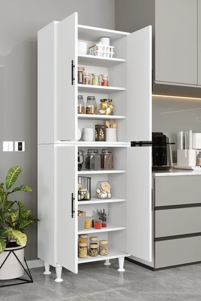 AEKA Ae-2086 Bala Beyaz Çok Amaçlı Mutfak Dolabı&banyo Dolabı, Kiler, 4 Kapaklı, Raflı, Ayaklı ürün görseli 1