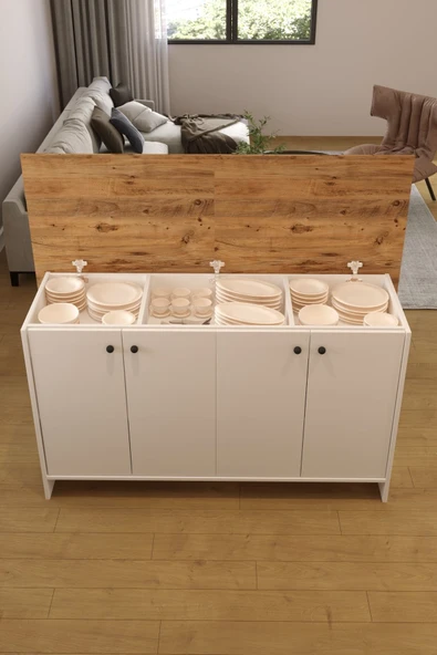 AEKA AE-2080 Patentli Ayder Mutfak Adası Bar Masası Yemek Masası Dolaplı, Beyaz/Çam Raflı, Çok Amaçlı ürün görseli 1