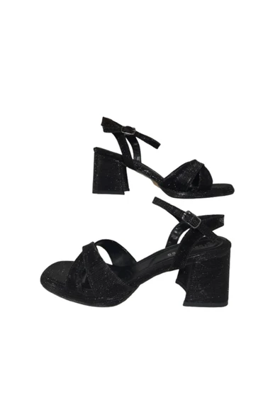 erbay shoes Kadın Kare burun Platform Sandalet Siyah Simli Çapraz Bantlı Ayakkabı ürün görseli 1