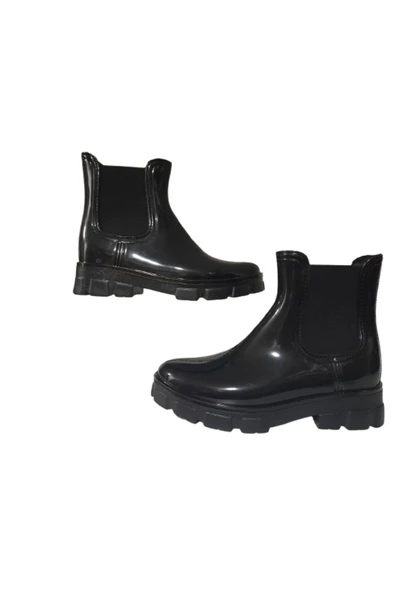 Rain Shoes Kadın Plastik Kısa Lastikli Yağmur Çizmesi  İnce Taban Siyah Renk ürün görseli 1