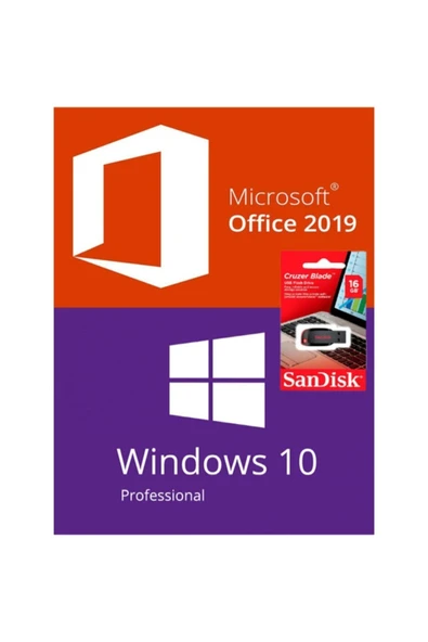 MICROSOFT Windows 10 Pro Lisans Key+office 2019 Key Windows Yüklü Sandisk 16 Gb Usb ürün görseli 1