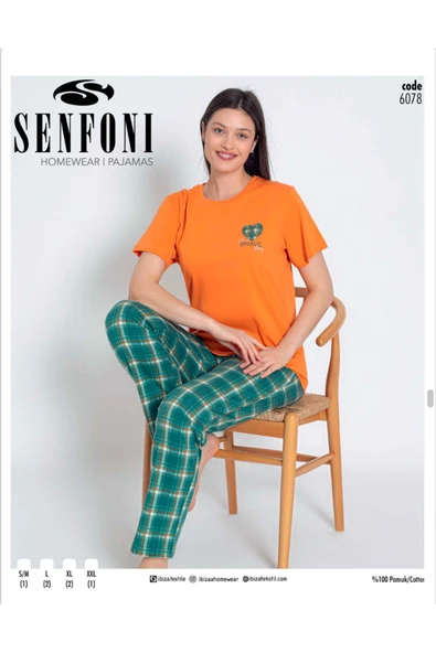 SENFONİ Turuncu Renk %100 Pamuklu Kısa Kollu Pijama Takımı ürün görseli 1