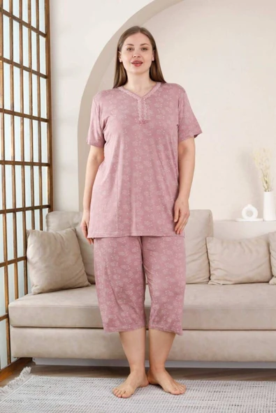 Büyük Beden Bermuda Pijama Takımı - Gülkurusu Çiçek Desen Likralı Viskon 2851bb ürün görseli 1