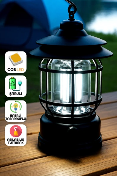 LED Şarjlı Kamp Lambası Işık Dimmer Ayarlı Askılı Portatif Işıldak El Feneri Gece Lamba Siyah PR20 ürün görseli 1