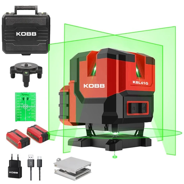 KOBB KBL41G 30Metre 4x90⁰/1x360⁰ Otomatik Hizalamalı Li-ion Çift Akülü Profesyonel Yeşil Çapraz Çizgi Lazer Distomat ürün görseli 1