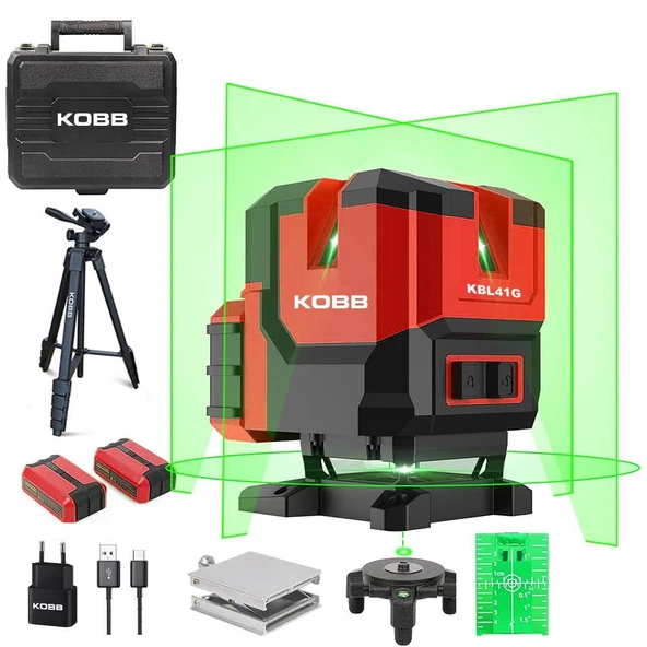 KOBB KBL41GTP 30M 4x90⁰/1x360⁰ Otomatik Hizalamalı Li-ion Çift Akü Profesyonel Yeşil Çizgi Lazer Distomat + Tripod ürün görseli 1