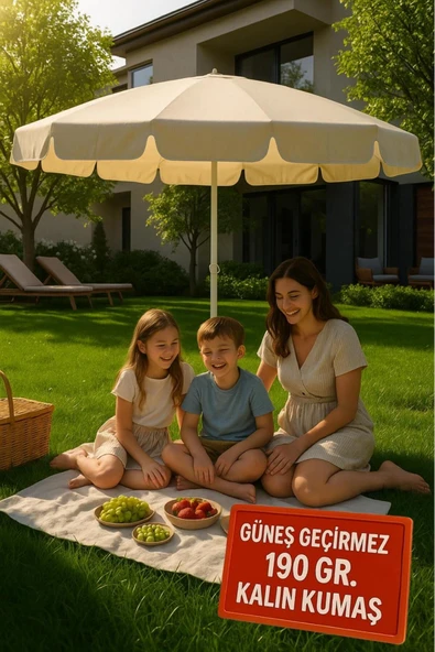 Şemsiye Plaj, Güneş Ve Balkon Şemsiyesi Krem Renk Kalın Kumaş 10 Telli 200cm Çap ürün görseli 1