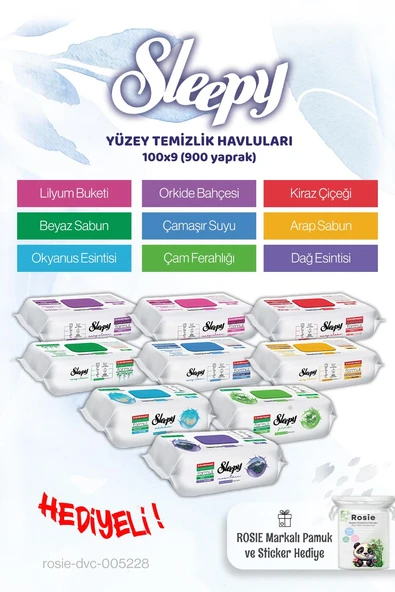 Sleepy Yüzey Temizleme Ailesi 9 x 100 (900 yaprak) ve Rosie pamuk hediye ürün görseli 1