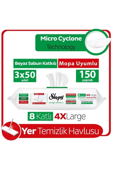 Sleepy Easy Clean Beyaz Sabun Katkılı Mopa Uyumlu Yer Temizlik Havlusu 50 Yaprak 3'lü ürün görseli 1