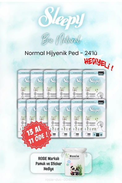 Sleepy 13 AL 11 ÖDE Bio Natural 24'lü Hijyenik Ped Normal ve ROSIE ürün görseli 1