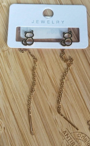 Monalisa Home Gold Renk Metalik Kedi Figürlü Sallantılı Küpe ürün görseli 1