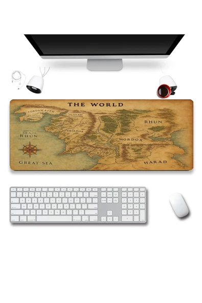 SonicTouch Orta Çağ Haritası World Kahverengi Gamer Oyuncu Dikişsiz Sıvı Geçirmez Klavye Mouse Pad 32x70Cm ürün görseli 1